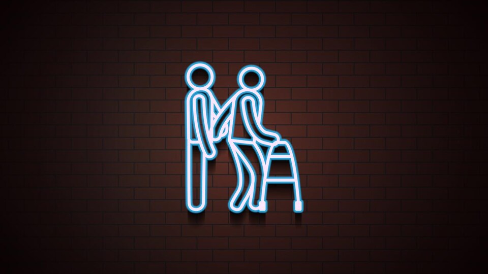 Illustration en néon d'une personne qui en accompagne une autre avec un déambulateur.