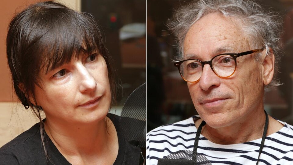 Montage de deux photos d'Élise Gravel et de Jacques Goldstyn devant un micro de radio.