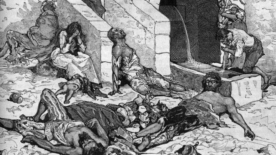 Une gravure antique montrant les corps de personnes victimes de la peste antonine.