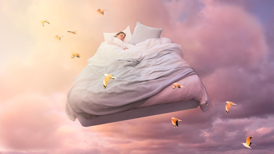 Illustration d'une femme dans un lit qui flotte dans les nuages entouré d'oiseaux.