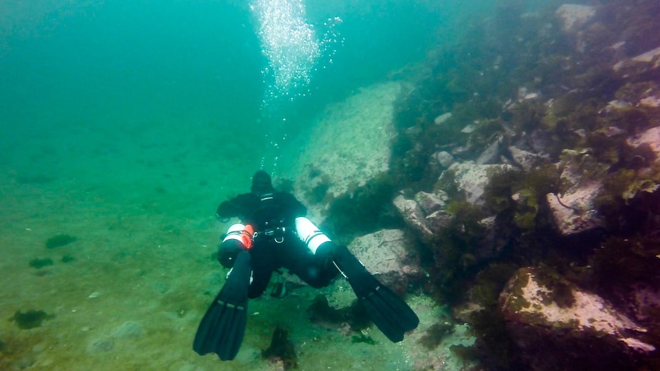Hugo Lemieux fait de la plongée sous-marine et explore des roches, la faune et la flore à l'île Manowin.