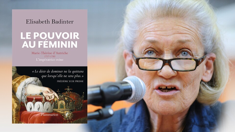 La couverture du livre de la philosophe et féministe française Elisabeth Badinter, que l'on voit ici en juin 2015 à Tomblaine, en France.