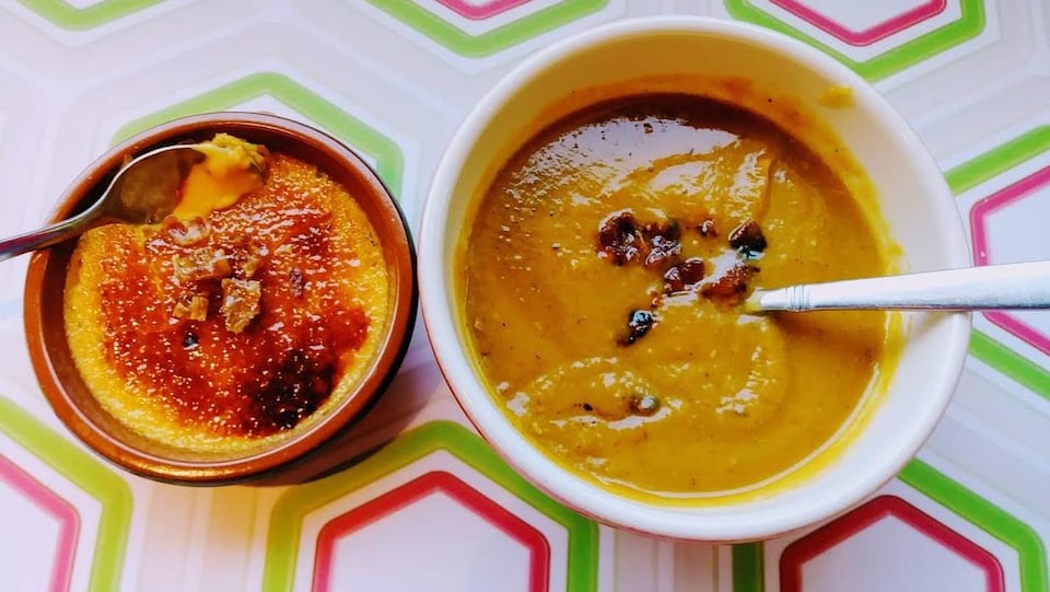 Potage et crème brûlée à la courge et sirop d'érable infusé de bacon