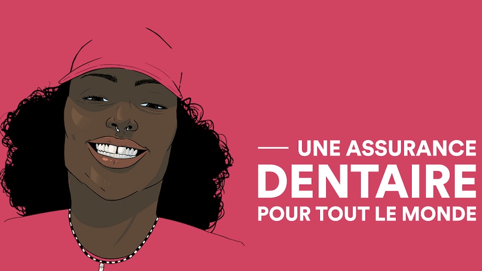 Une affiche électorale de Québec solidaire, montrant une femme noire tout sourire. A côté d'elle, on peut lire Une assurance dentaire pour tout le monde