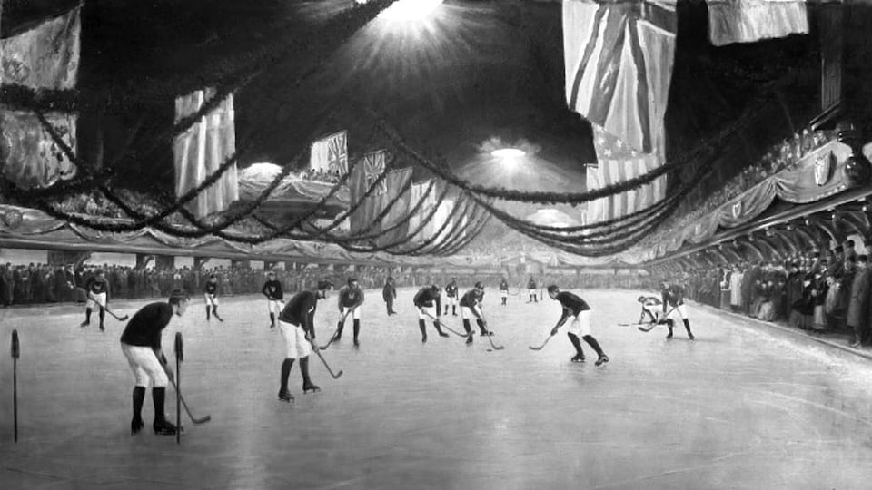 Absence de bandes, des buts rudimentaires et neuf joueurs par équipe : voici l'image évocatrice du premier match de hockey organisé tenu en 1875, à Montréal.