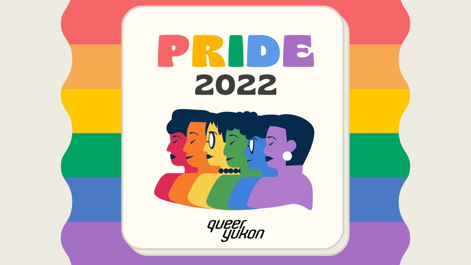 Visuel de la fierté 2022 de la Queer Yukon Society, sur fond de drapeau arc-en-ciel, des bustes de personnes aux couleurs du drapeau sont ensemble.