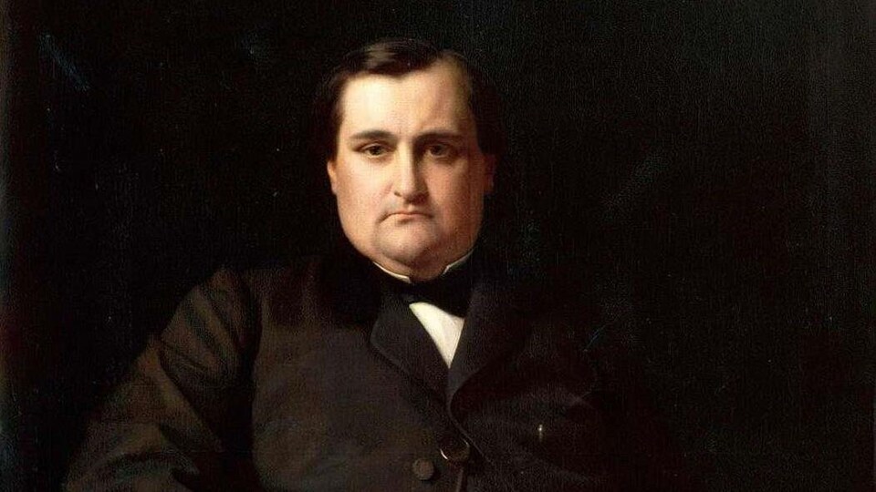 Une peinture montrant le portrait d'un homme du 19e siècle au visage sérieux.