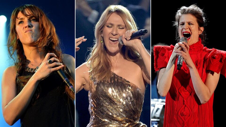 Montage photo de ZaZ, Céline Dion et Camille.