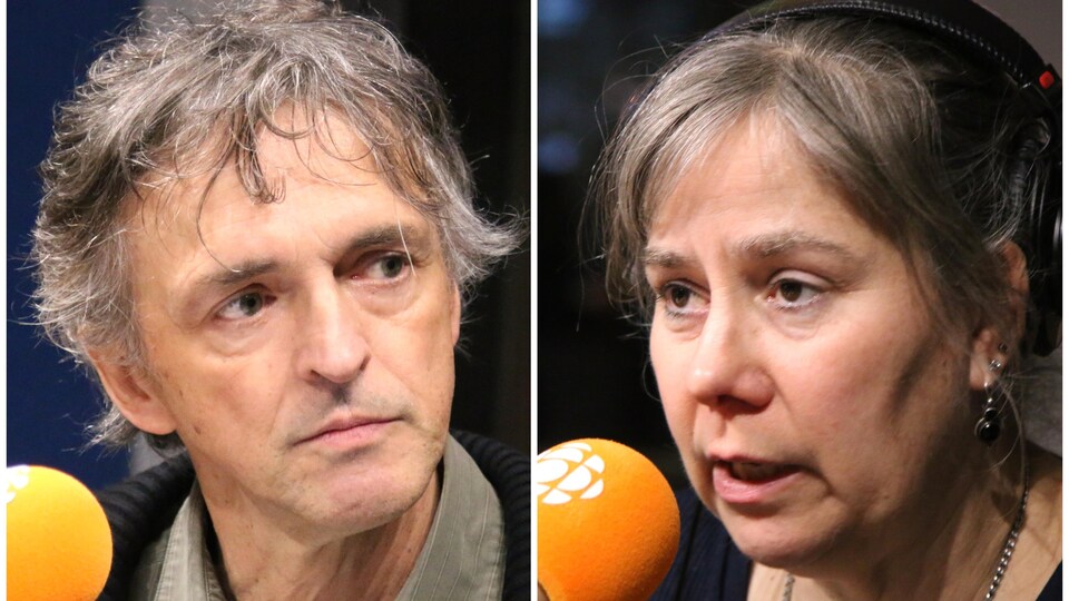 Un homme et une femme parlent au micro.