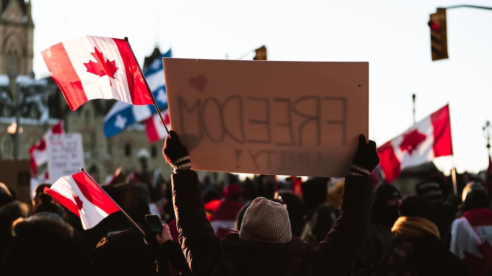 Une foule de dos, avec des drapeaux du Canada qui flottent devant le parlement d'Ottawa. L'un des manifestants tient une pancarte avec le mot « Freedom » inscrit.