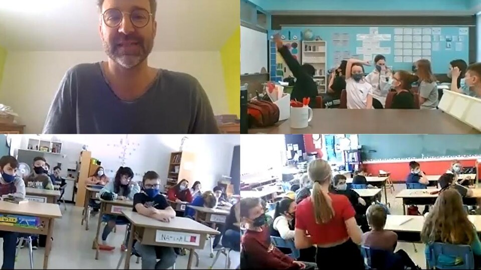 Un auteur et des élèves en visioconférence.