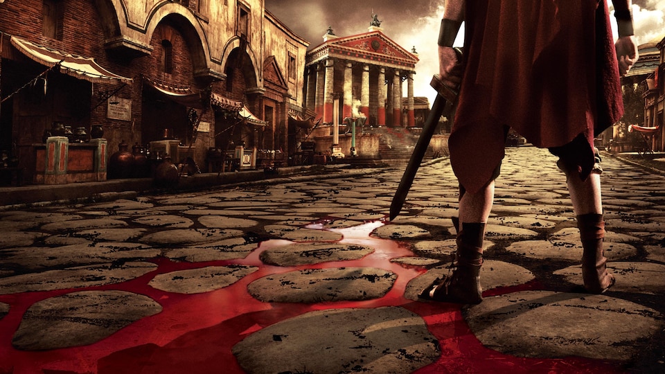 Un centurion tient un glaive devant un monument romain, alors que coule du sang à ses pieds.