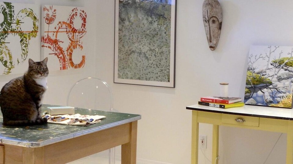 studio d'artiste avec chat sur table, tableaux, masque africain et toiles
