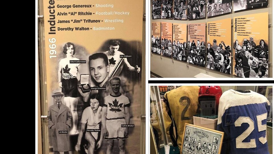À gauche une pancarte des premiers sportifs intronisés en 1966. À droite en haut, une image du mur des célébrités du musée. À droite en bas, une image qui représente l'exposition « Prairie Pride ».