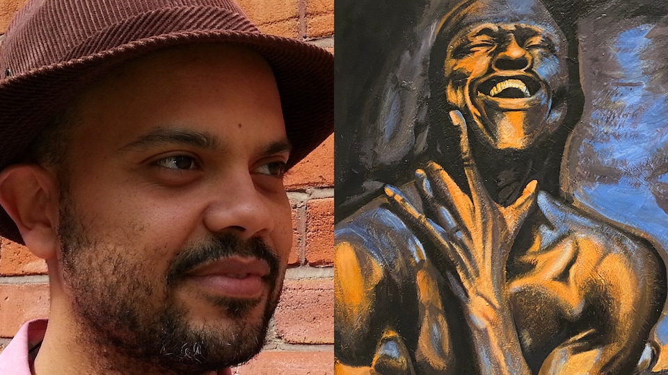 L'artiste interdisciplinaire Shoko César et son tableau Spirit sur lequel on peut voir un homme rire de bon coeur.