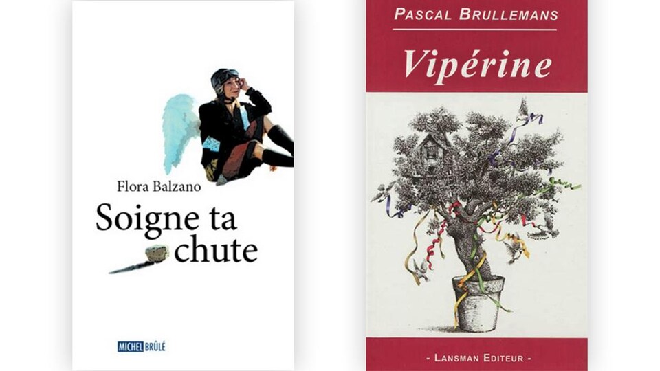 Sur la couverture du livre de gauche, une femme est assise dans le vide, avec des ailes. Sur la couverture du livre de droite, une plante dans un pot contient une maison dans ses branches et des rubans de plusieurs couleurs.