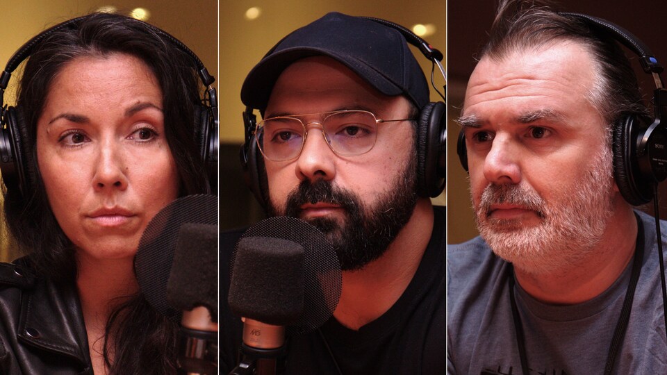 Montage photo de portraits en gros plan des trois invités, Sophie Bienvenu, Mani Soleymanlou et Patrick Senécal.