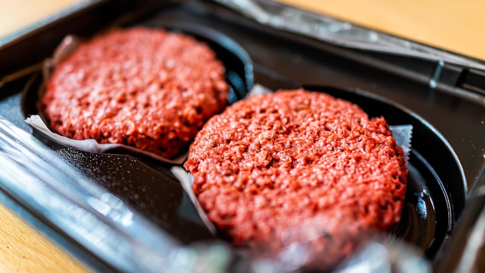 Deux galettes de viande rouge végétalienne crue non cuite dans une boite en plastique.
