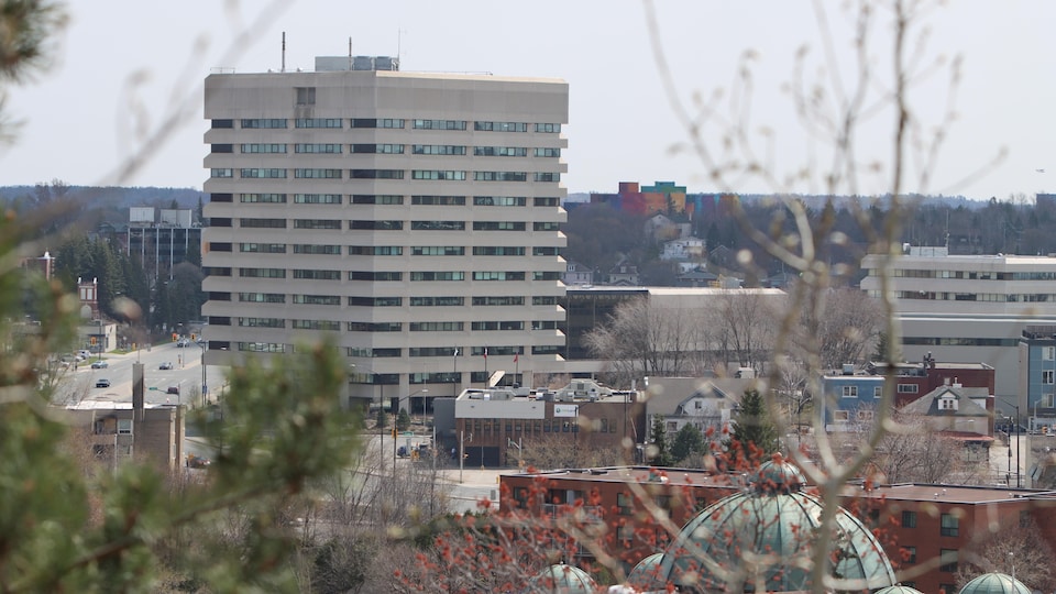 Photo de l'hôtel de ville et du centre-ville de Sudbury. On aperçoit au loin l'œuvre de RISK. 