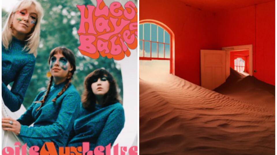Photomontage de deux pochettes d'album avec d'un côté un groupe de chanteuses et de l'autre l'intérieur d'une maison ensablé.
