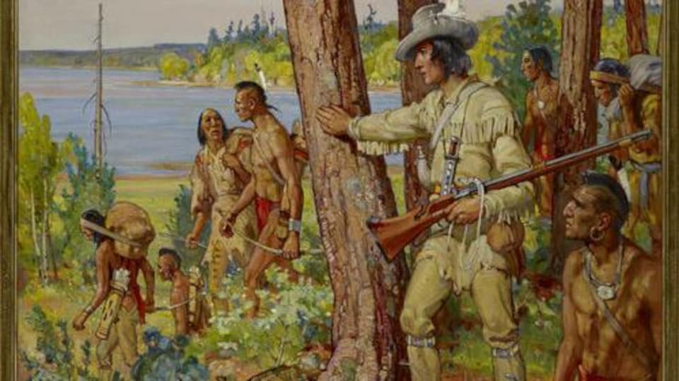 Tableau du peintre canadien Frederick Sproston Challener, en 1956. Il représente l'explorateur Étienne Brûlé entourés d'Autochtones torses nus.