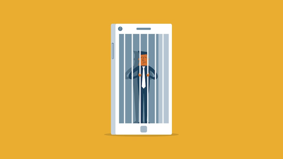 Une image montrant un téléphone intelligent dans lequel se tient un personnage qui s'agrippe à des barreaux de prison.