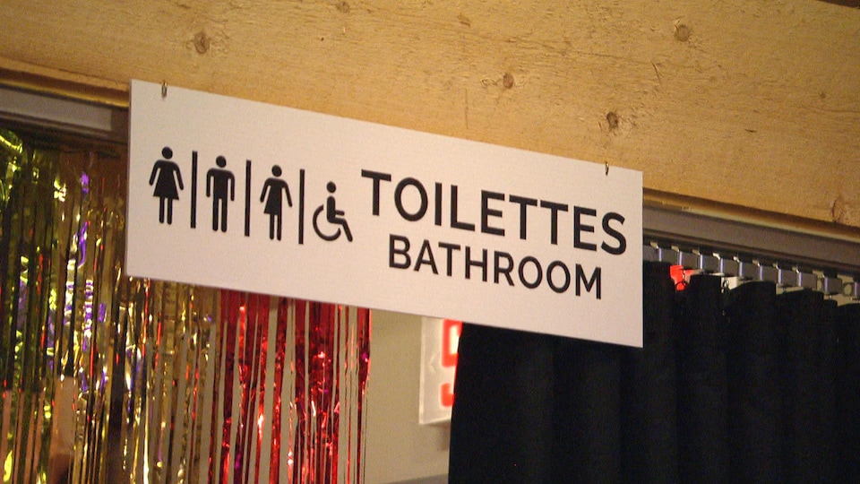 Affiche suspendue au plafond indiquant la présence de toilettes. Les pictogrammes montrent une silhouette féminine, une silhouette masculine, une silhouette non genrée et un personnage en fauteuil roulant.