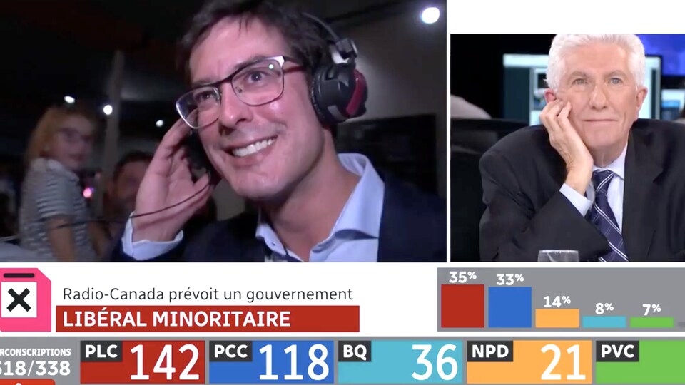 Capture d'écran de la soirée électorale sur laquelle on voit en duplex Alexis Brunelle-Duceppe et Gilles Duceppe.
