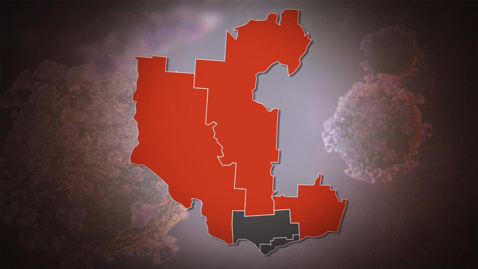 Une carte indiquant expliquant quelles parties de l'Outaouais sont en zone rouge et lesquelles sont mises sur pause. 