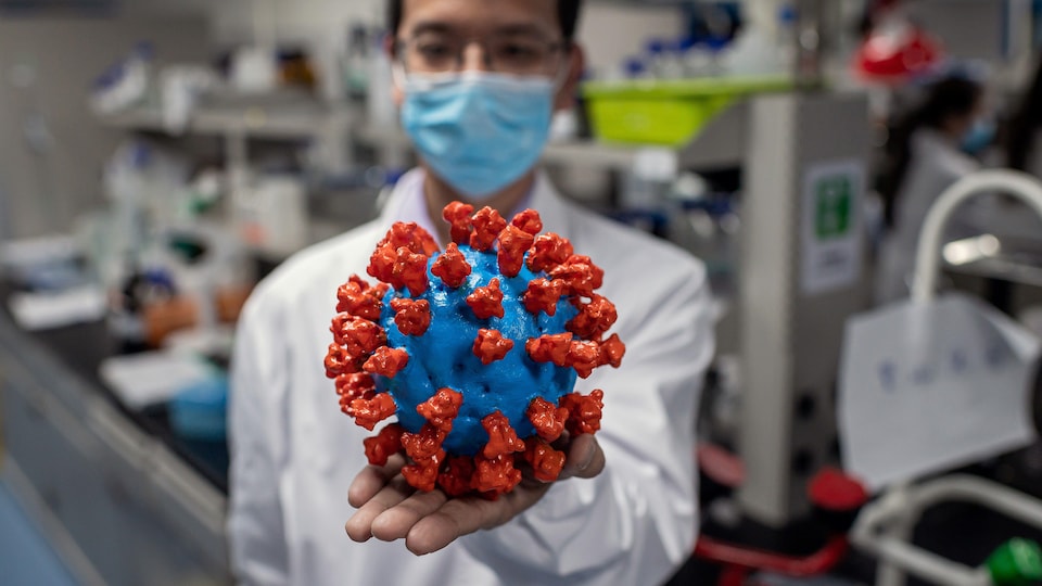 Gros plan sur une molécule du coronavirus tenue dans la main d'un infirmier.