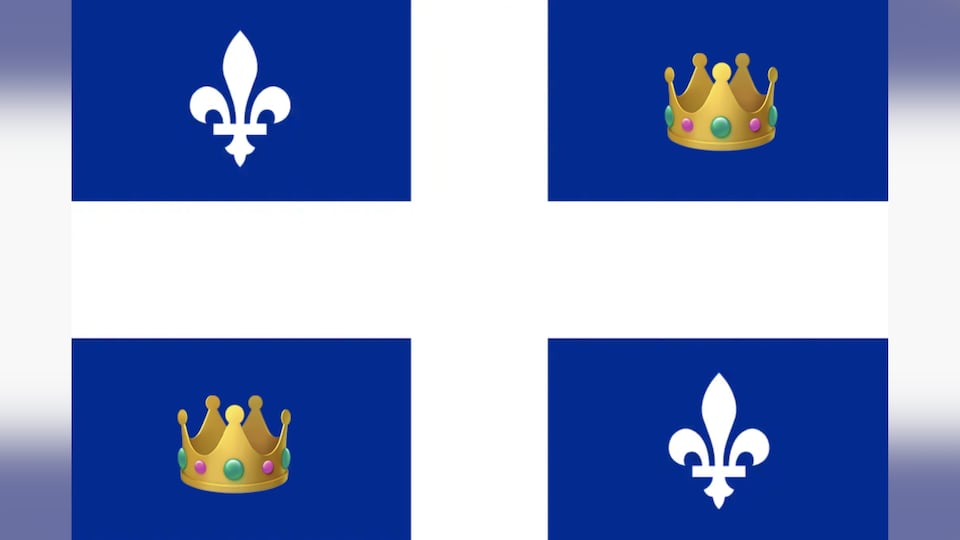 Drapeau du Québec avec deux couronnes qui remplacent deux fleurs de lys.