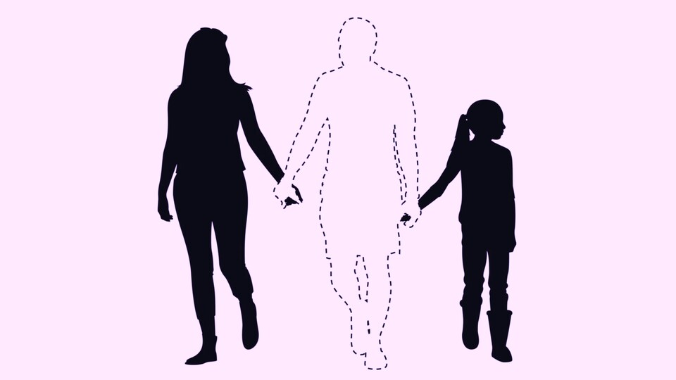 Des silhouettes d'une femme, d'un homme et d'un enfant, la silhouette du père étant en pointillé.