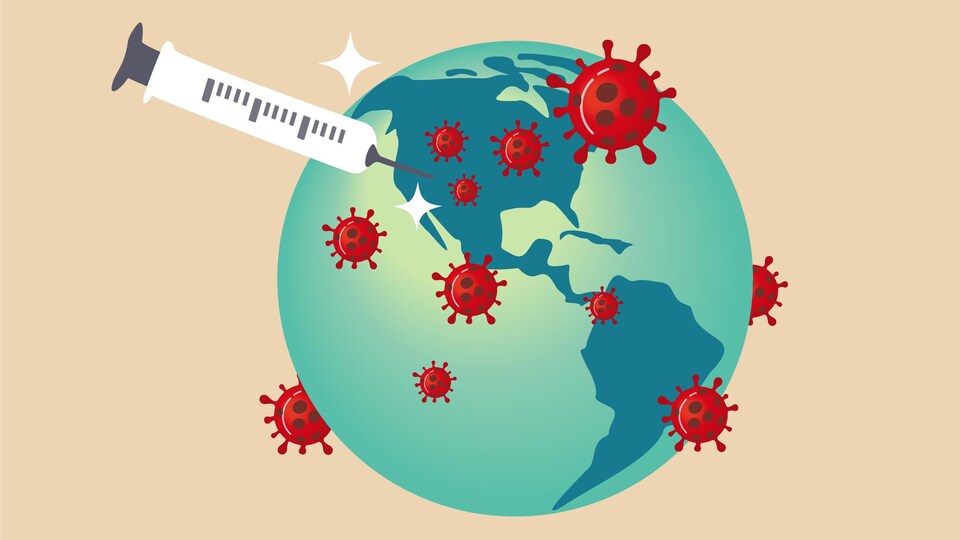 Une illustration de la planète Terre avec des coronavirus et une seringue.