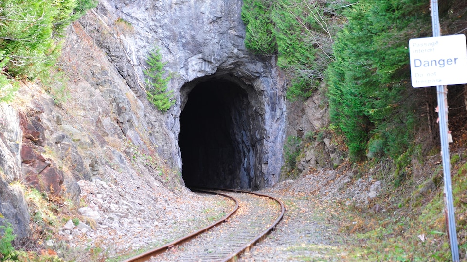 On voit l'entrée du tunnel avec la voie ferrée qui y entre.