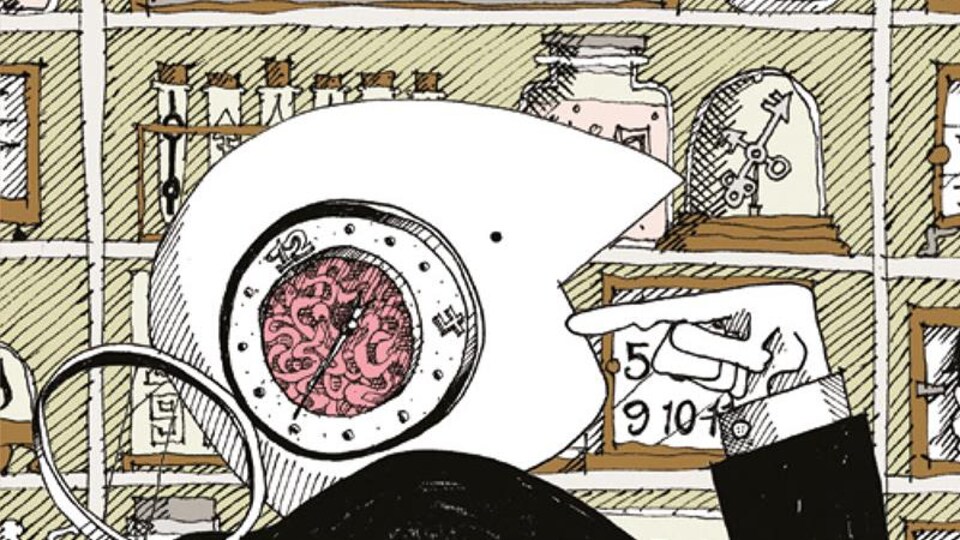 Dessin d'un personnage devant des horloges.