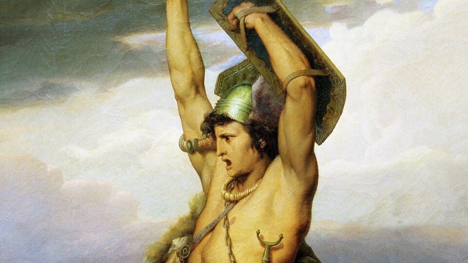 La peinture d'un homme au torse nu, bouclier à la main et glaive à la hanche. 