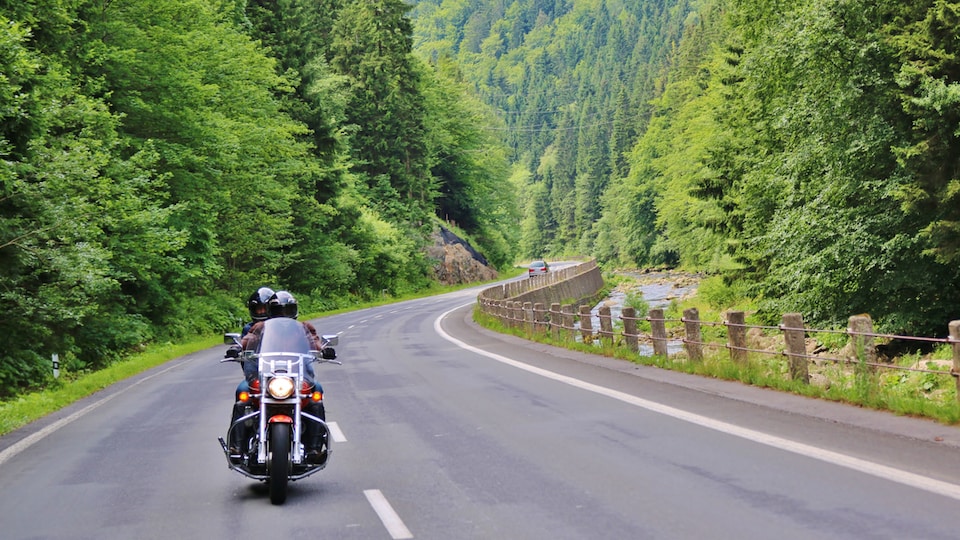 Une moto roule sur une route à travers une forêt montagneuse. 