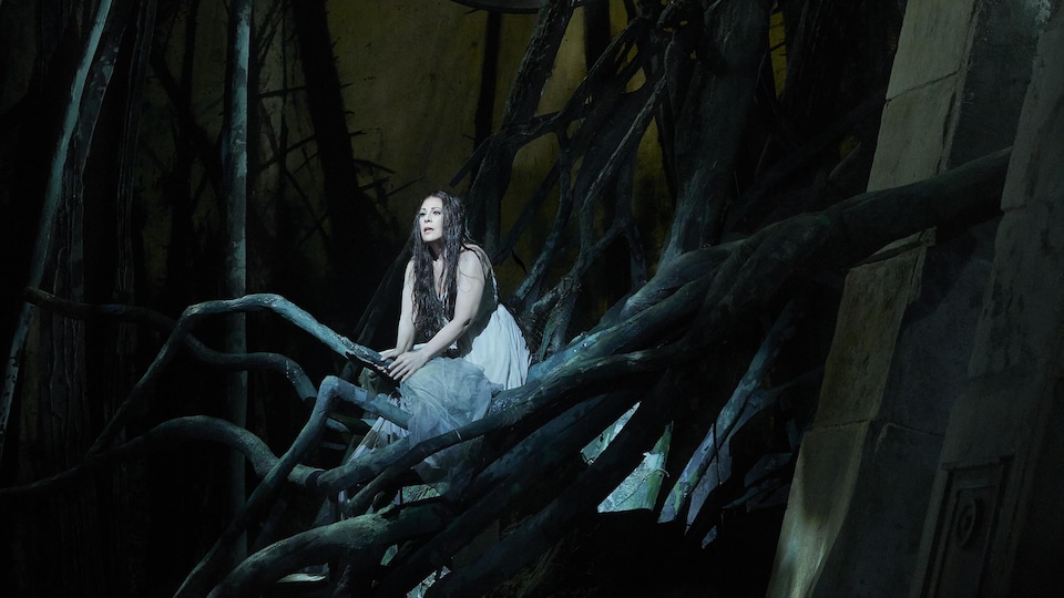 Le personnage de Rusalka juchée sur une pile de branches.