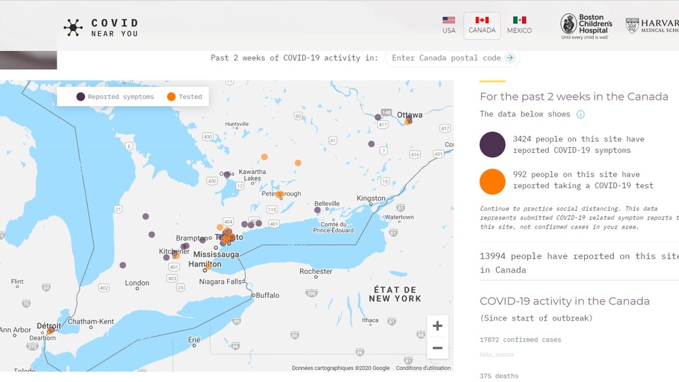 Une carte de l'Ontario qui recense des personnes ont des symptômes de la COVID-19 et de gens qui ont subi le tes de dépistage de la COVID-19.