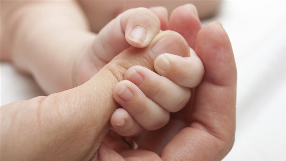 Une petite main de bébé tient le pouce de sa maman.