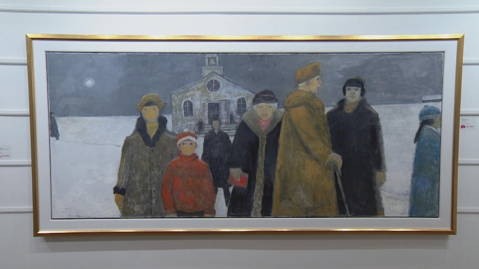 Un peinture de Jean-Paul Lemieux qui présente 6 personnes devant une église.