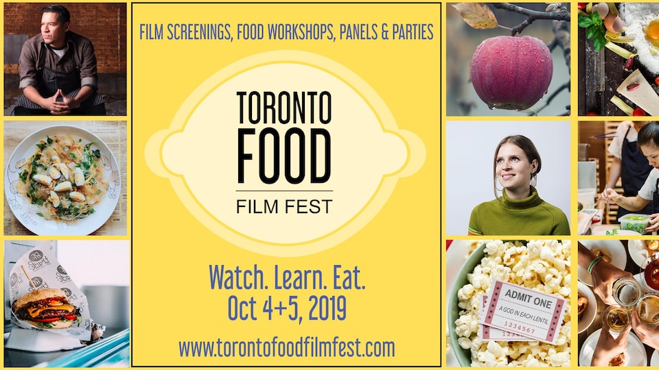 Affiche du Toronto Food Film Fest qui présente des phots de chefs et de plats et le logo de l'événement en forme de citron.
