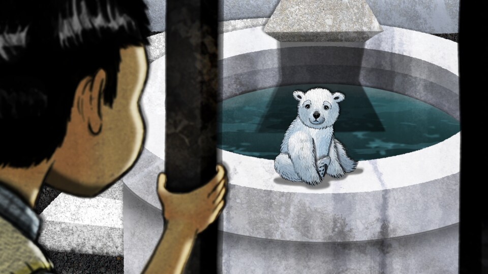 Un petit garçon regarde à travers la grille un ourson polaire dans un zoo.