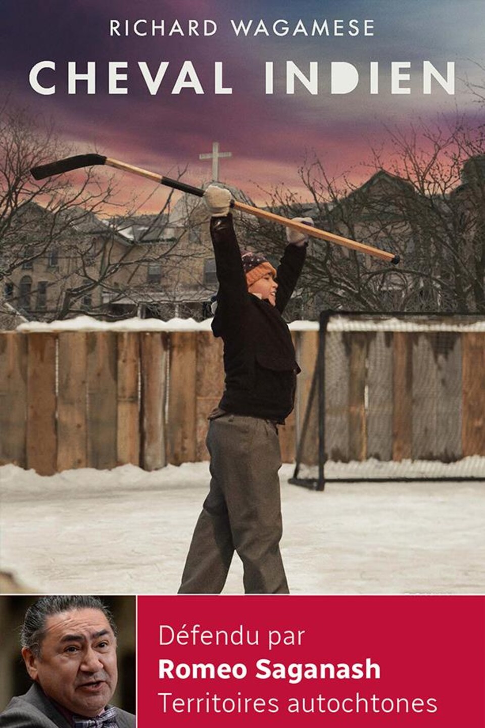 Sur la couverture du livre, on voit un jeune garçon sur une patinoire extérieure qui tient à deux mains son bâton de hockey au-dessus de sa tête