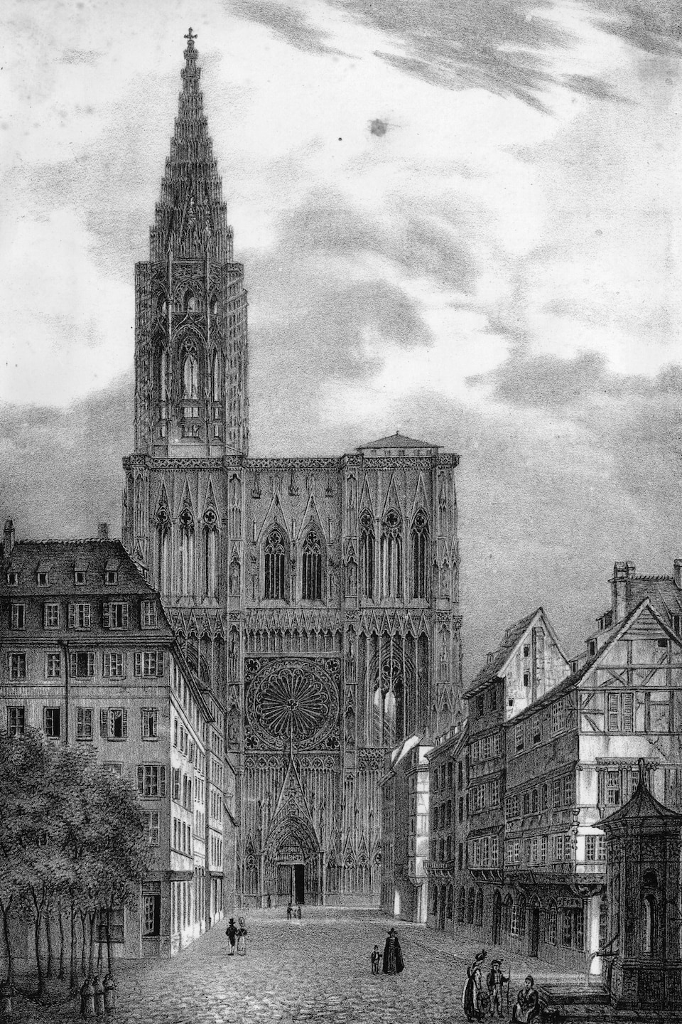 Une gravure en noir et blanc de la cathédrale de Strassbourg au 14e siècle