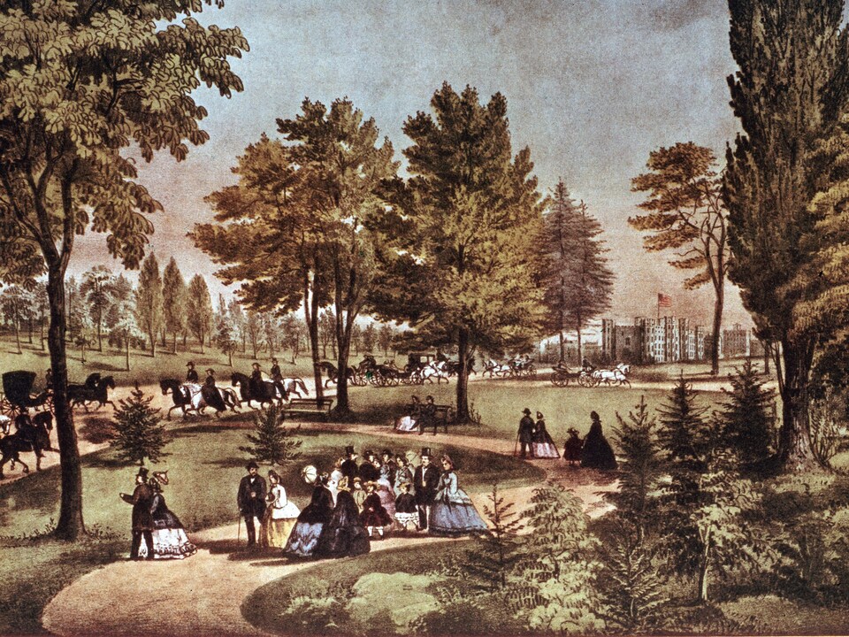 Une illustration de Central Park vers 1875 où des citadins, des carrosses et des chevaux animent la scène.