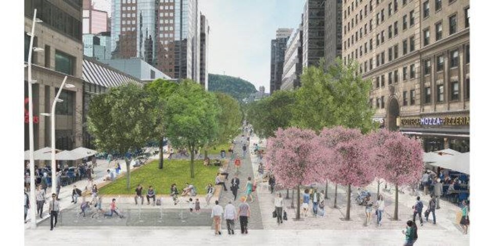 Illustration montrant l'avenue McGill College couverte de piétons et d'arbres.