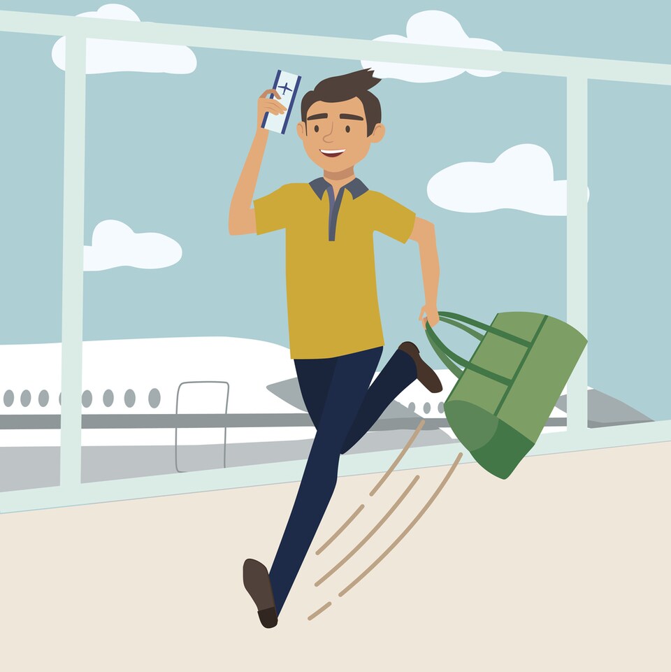 Un dessin montre un homme avec un billet d'avion dans les mains.