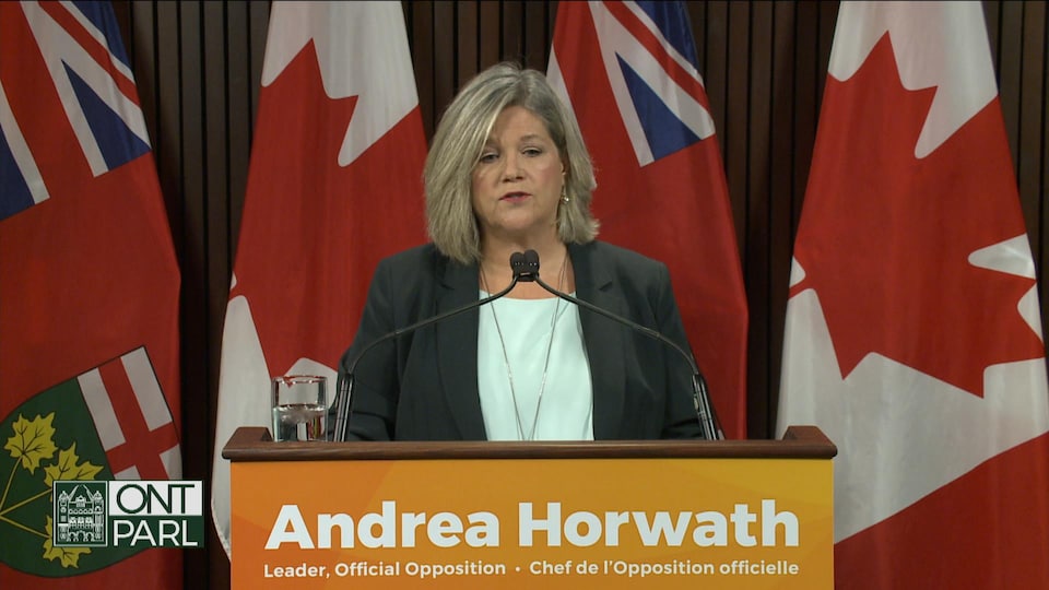 Andrea Horwath, chef de l'opposition en Ontario, parle devant des microphones. Au second plan se dressent des drapeaux canadiens et ontariens.