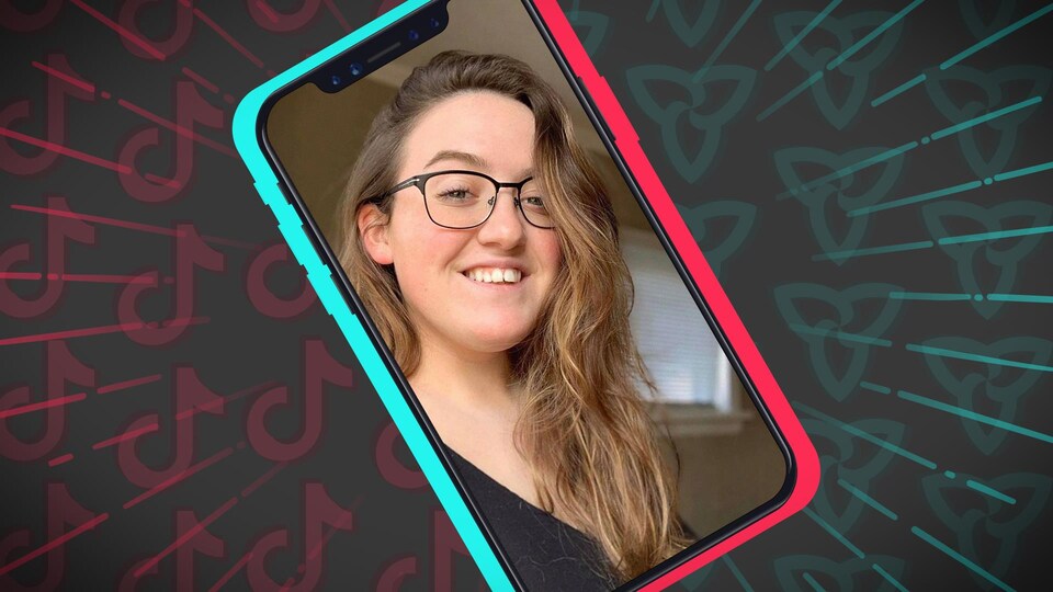 Montage d'une photo d'une jeune fille souriante dans un écran d'appareil mobile entouré de logos de l'application Tiktok et de trilles franco-ontariens.